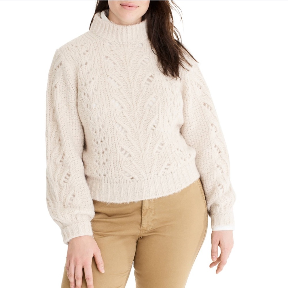 Point Sur Alpaca & Wool Pointelle Knit Mock Neck Sweater in Cream Women's Large - Picture 2 of 6